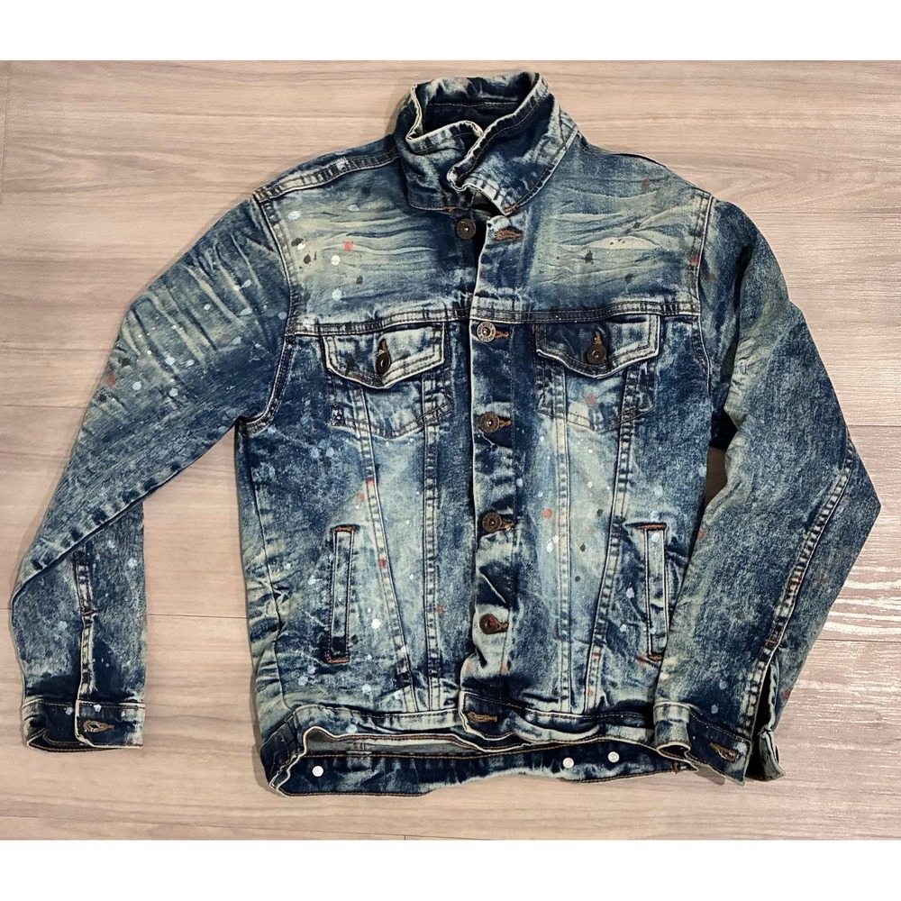 Evolution In Design Paint Splatter Distressed Acid Wash Denim Jacket Size M 10-1
